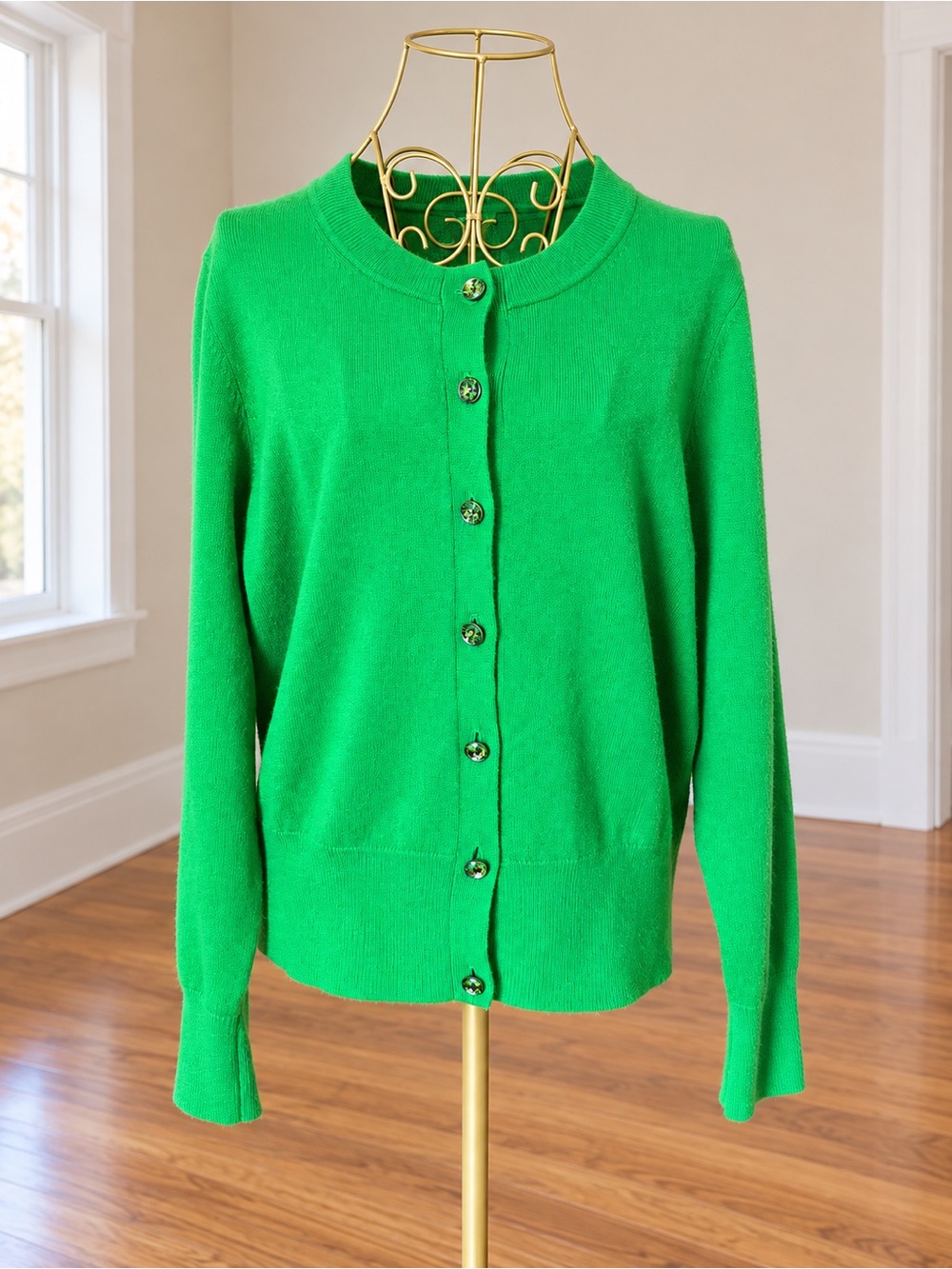 Kate Spade New York 100% Cashmere Green Jewel Button Cardigan Sweater Large